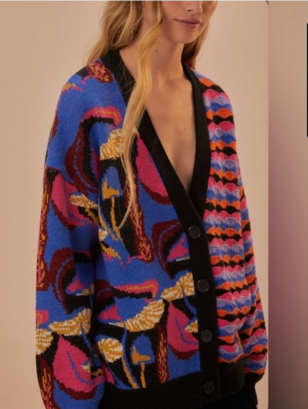 Farm Rio Mixed  Mushroom Oversized Cardigan Sweater Sz Medium